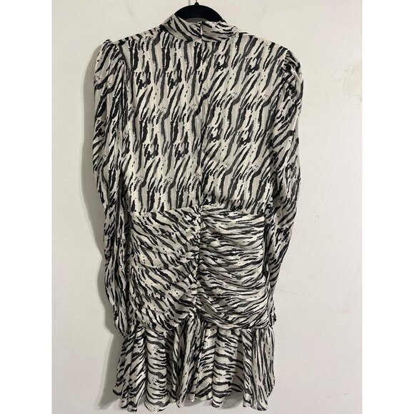 BARDOT Black White Ruched Zebra Print Long Sleeve Flared Hem|Party Dress  US 6 - Picture 6 of 14
